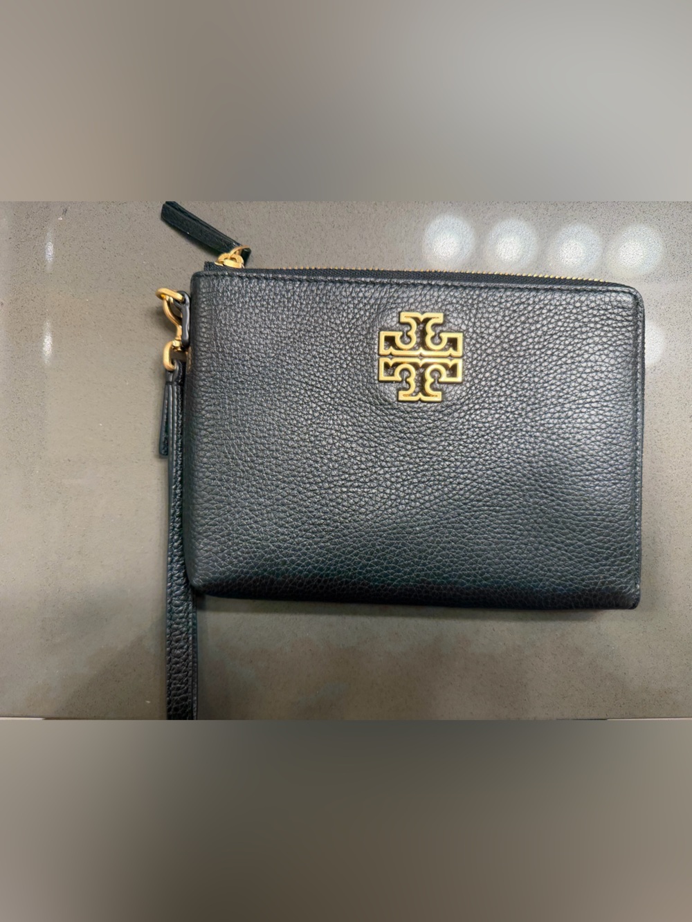 Tory Burch Britten Black Pebbled Leather Zip Wristlet with Gold Logo